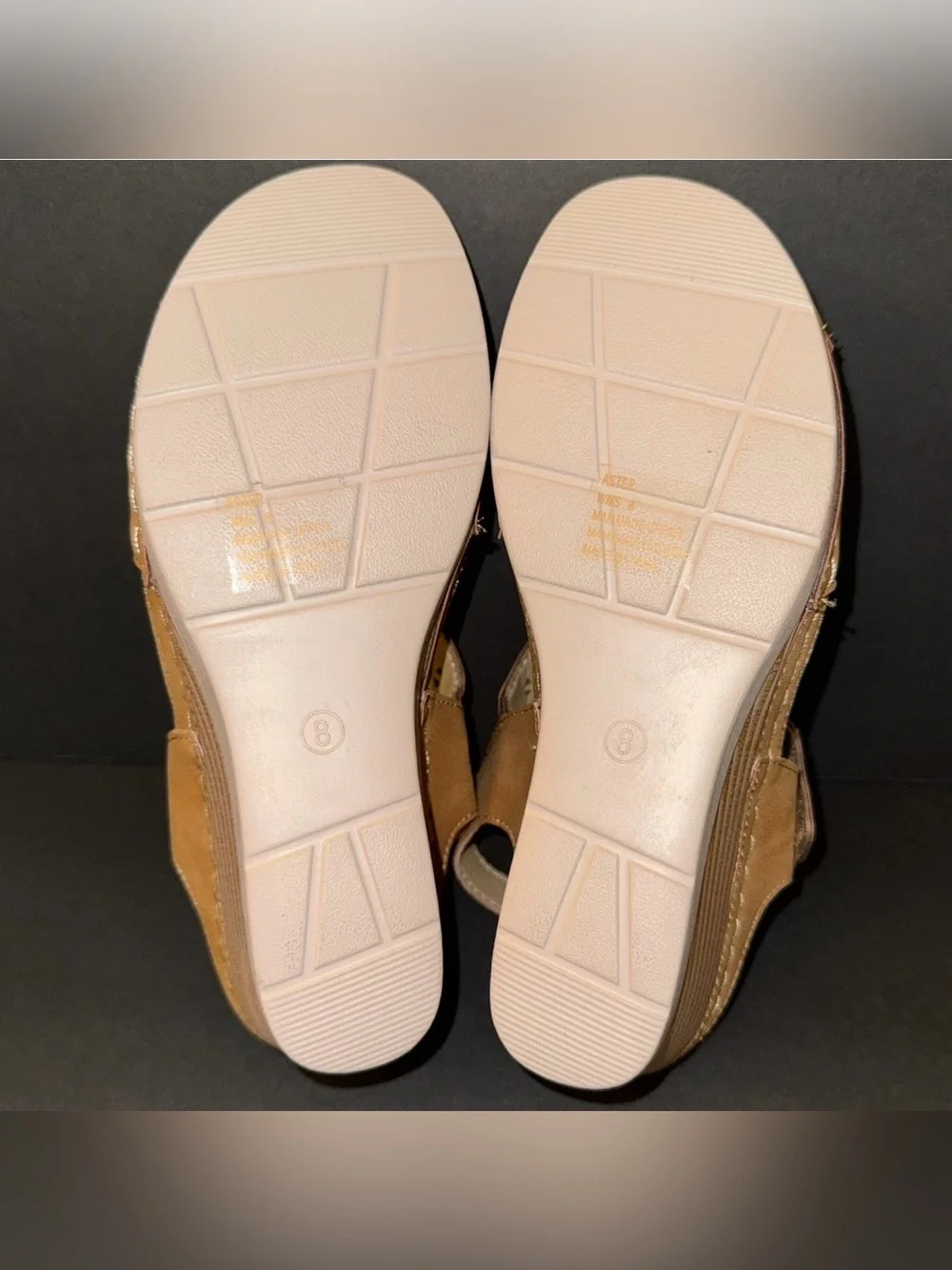 Caramel Tan Faux Nubuck Perforated Detail Comfort Wedge Sandals, Sz 8